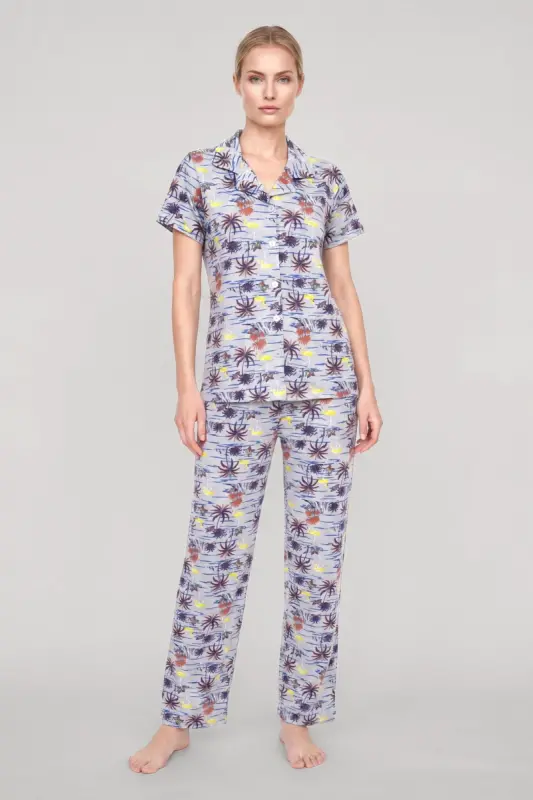 Akbeniz Kadın Gri Desenli Klasik Gömlek Yaka Pijama Takımı - 1