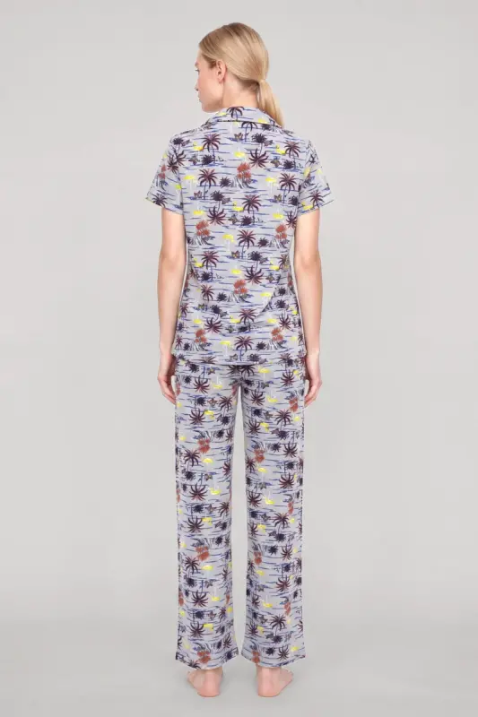 Akbeniz Kadın Gri Desenli Klasik Gömlek Yaka Pijama Takımı - 4