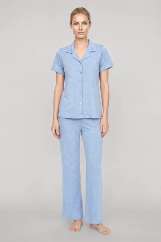 Akbeniz Kadın Mavi Klasik Gömlek Yaka Pijama Takımı - 1