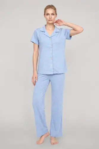 Akbeniz Kadın Mavi Klasik Gömlek Yaka Pijama Takımı - BÜYÜKBEDENIZ (1)