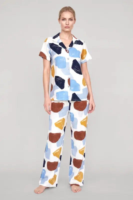 Akbeniz Kadın Ekru Desenli Klasik Gömlek Yaka Pijama Takımı - 1