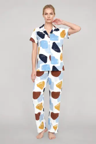 Akbeniz Kadın Ekru Desenli Klasik Gömlek Yaka Pijama Takımı - 3