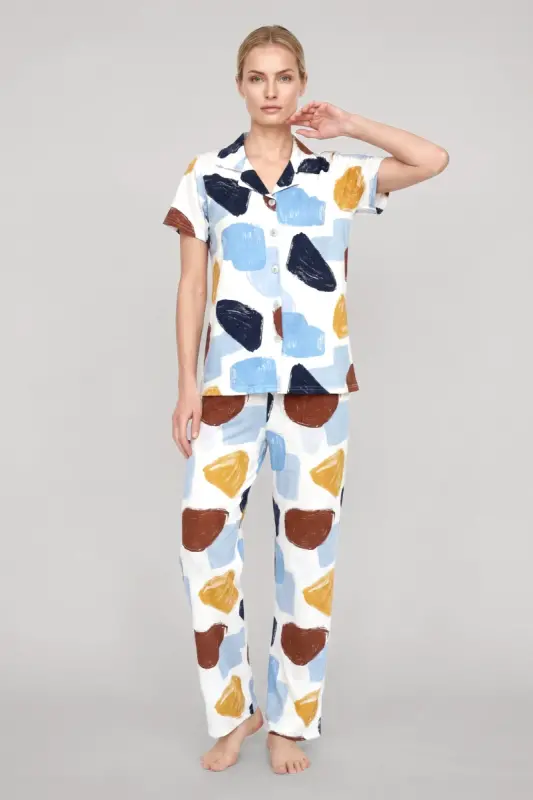 Akbeniz Kadın Ekru Desenli Klasik Gömlek Yaka Pijama Takımı - 3