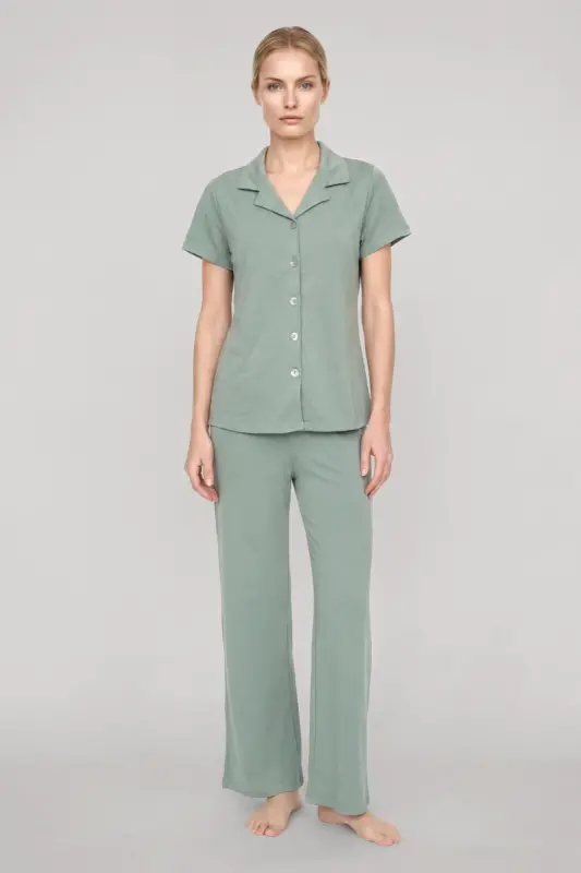 Akbeniz Kadın Mint Yeşili Klasik Gömlek Yaka Pijama Takımı - 1