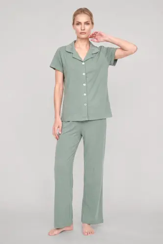 Akbeniz Kadın Mint Yeşili Klasik Gömlek Yaka Pijama Takımı - BÜYÜKBEDENIZ (1)