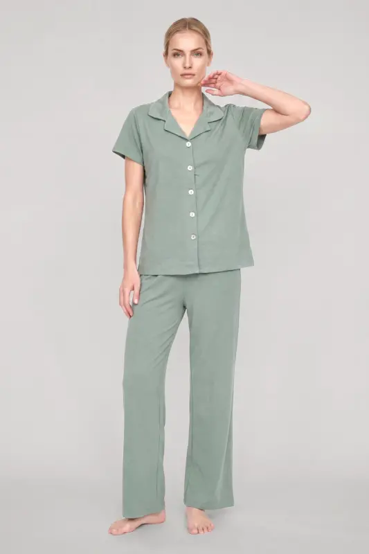 Akbeniz Kadın Mint Yeşili Klasik Gömlek Yaka Pijama Takımı - 2