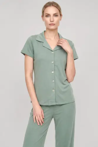 Akbeniz Kadın Mint Yeşili Klasik Gömlek Yaka Pijama Takımı - 3
