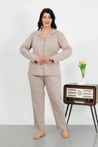 Akbeniz Kadın Büyük Beden Pamuklu Cepli Düğmeli Krem Pijama Takım 202506 - 3
