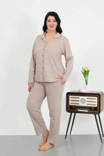 Akbeniz Kadın Büyük Beden Pamuklu Cepli Düğmeli Krem Pijama Takım 202506 - 4