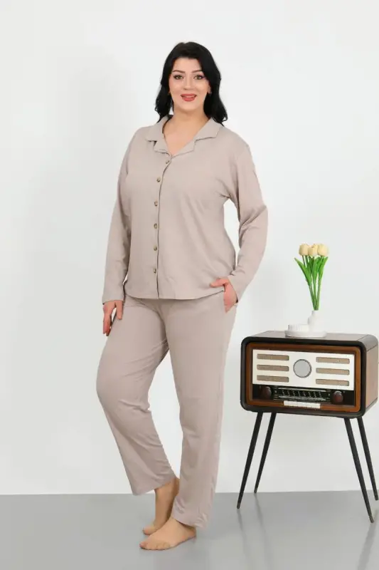 Akbeniz Kadın Büyük Beden Pamuklu Cepli Düğmeli Krem Pijama Takım 202506 - 4