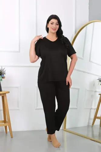 Akbeniz Kadın Büyük Beden Kısa Kol Penye Pijama Takımı Siyah 202405 - 5