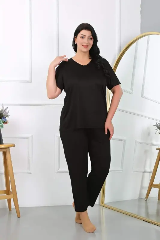 Akbeniz Kadın Büyük Beden Kısa Kol Penye Pijama Takımı Siyah 202405 - 5