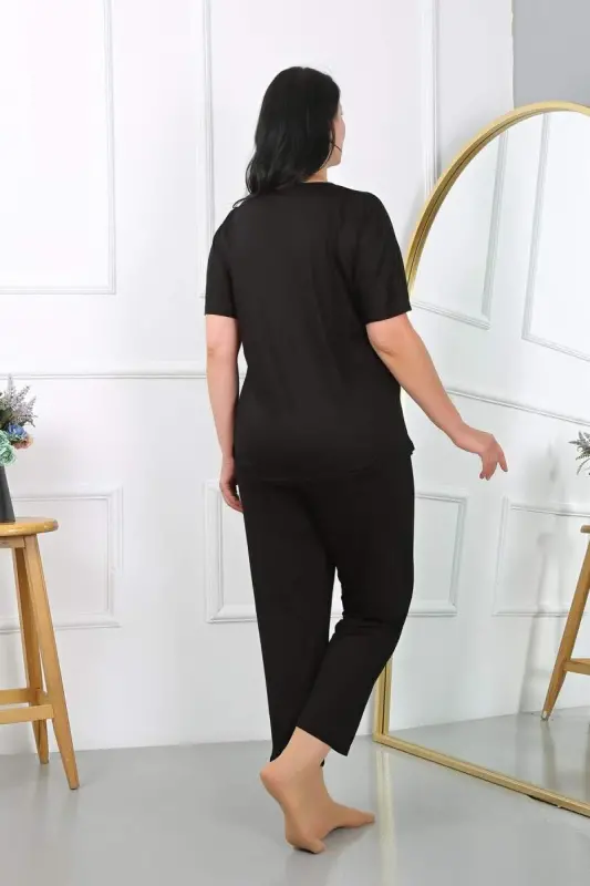 Akbeniz Kadın Büyük Beden Kısa Kol Penye Pijama Takımı Siyah 202405 - 6