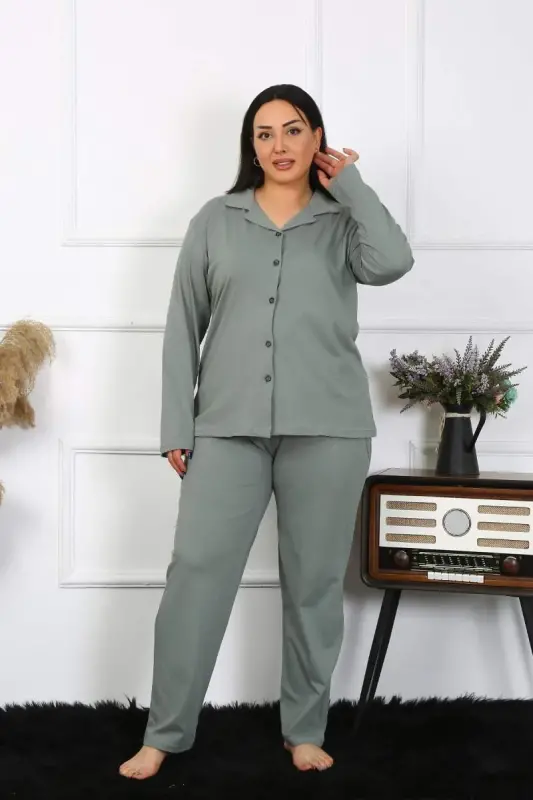 Akbeniz Kadın Büyük Beden Pamuklu Cepli Düğmeli Haki Pijama Takım 202401 - 2