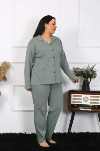 Akbeniz Kadın Büyük Beden Pamuklu Cepli Düğmeli Haki Pijama Takım 202401 - 3