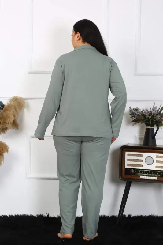 Akbeniz Kadın Büyük Beden Pamuklu Cepli Düğmeli Haki Pijama Takım 202401 - 5