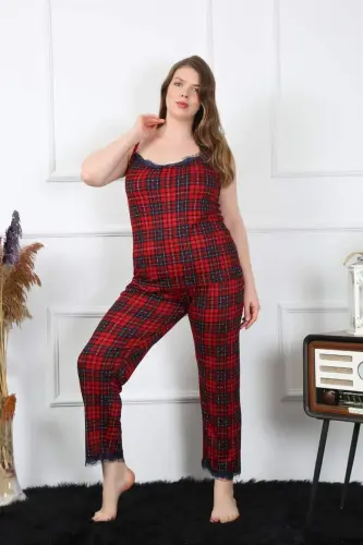 Akbeniz Kadın Büyük Beden Kırmızı Ekoseli İp Askılı Pijama Takım 202197 - BÜYÜKBEDENIZ (1)