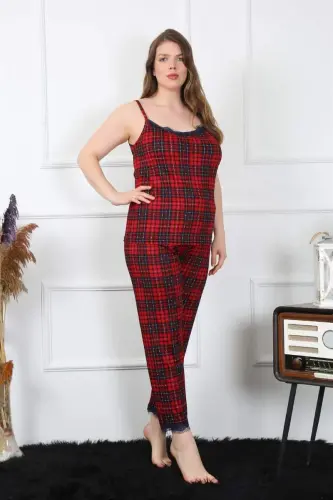Akbeniz Kadın Büyük Beden Kırmızı Ekoseli İp Askılı Pijama Takım 202197 - 3