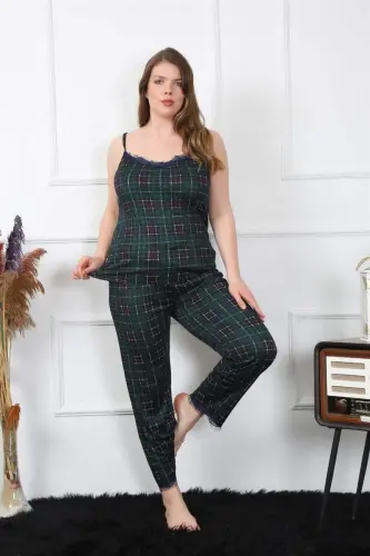Akbeniz Kadın Büyük Beden Yeşil Ekoseli İp Askılı Pijama Takım 202197 - BÜYÜKBEDENIZ (1)