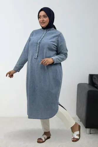 68050 Büyük Beden Yarım Patlı Kot Tensel Tunik - Kar Yıkama Buz Mavi - 1