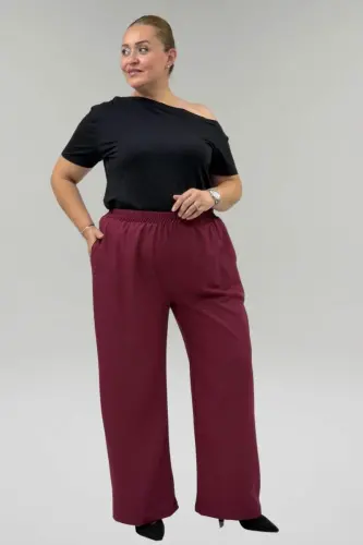 69015 Büyük Beden Bolpaçalı Beli Lastikli Nora Pantolon - Bordo - 3