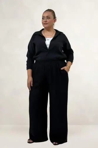 69018 Büyük Beden Beli Lastikli Cepli Bol Paça Double Tensel Pantolon - Siyah - 1