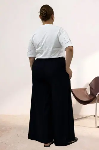 69019 Büyük Beden Bol Paça Cepli Bürümcük Pantolon - Siyah - 2