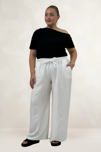 69012 Büyük Beden Beli Lastikli Cepli Bol Paça Double Tensel Pantolon - Ekru - 1