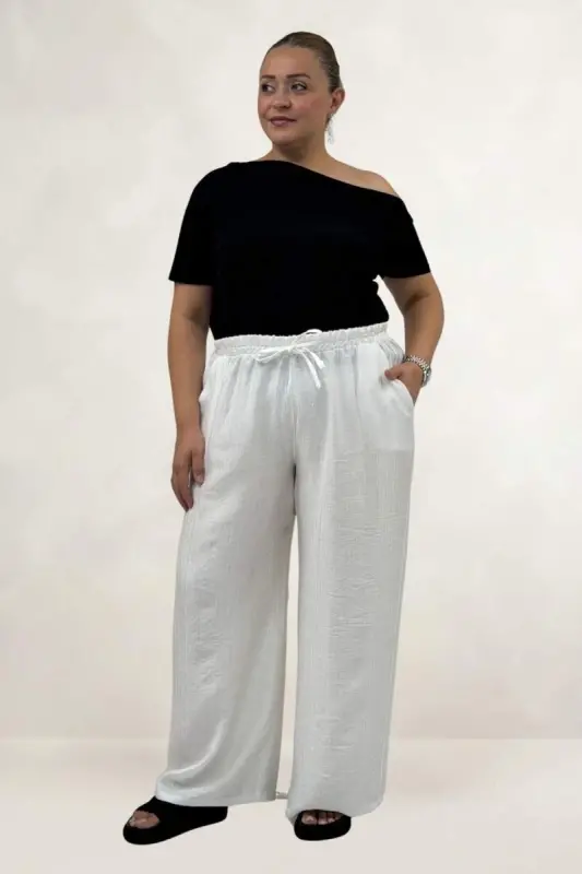 69012 Büyük Beden Beli Lastikli Cepli Bol Paça Double Tensel Pantolon - Ekru - 1