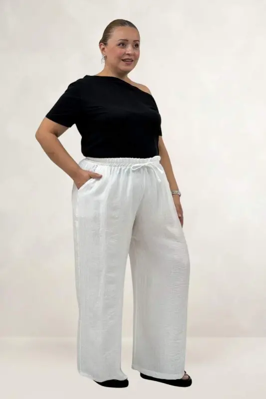 69012 Büyük Beden Beli Lastikli Cepli Bol Paça Double Tensel Pantolon - Ekru - 2