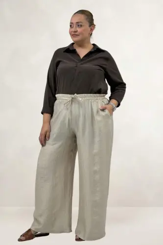 69012 Büyük Beden Beli Lastikli Cepli Bol Paça Double Tensel Pantolon - Bej - 1