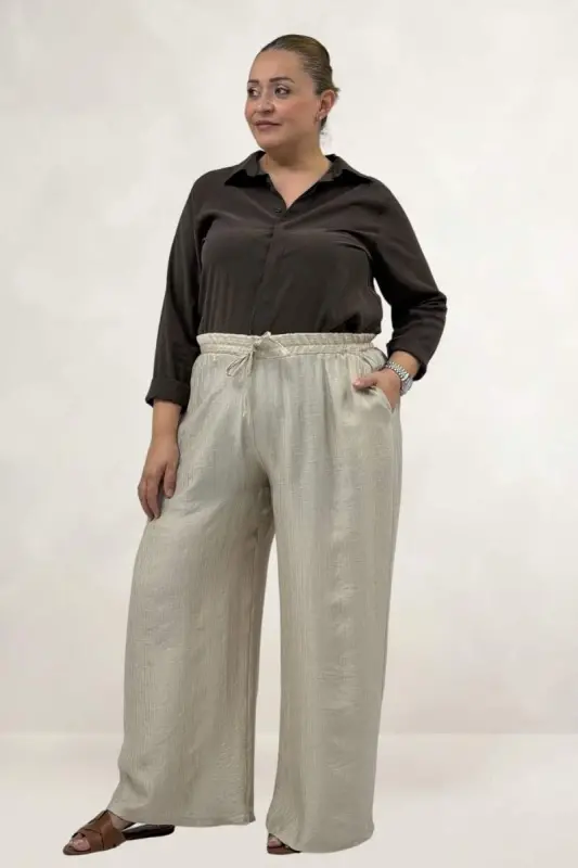 69012 Büyük Beden Beli Lastikli Cepli Bol Paça Double Tensel Pantolon - Bej - 1