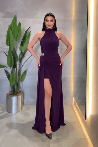 Kristal Kumaş Boyundan Bağlamalı Abiye Elbise - PATLICAN MOR - 1