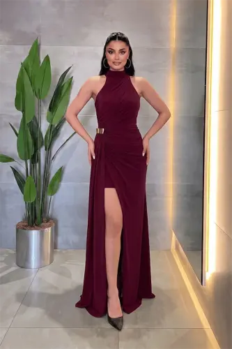 Kristal Kumaş Boyundan Bağlamalı Abiye Elbise - BORDO - 1