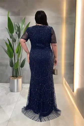 Pul Payet Kumaş Degaje Yaka Abiye Elbise - LACİVERT - 3