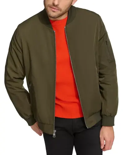 Men's Solid-Color Zipper Flight Jacket - Olive - 1