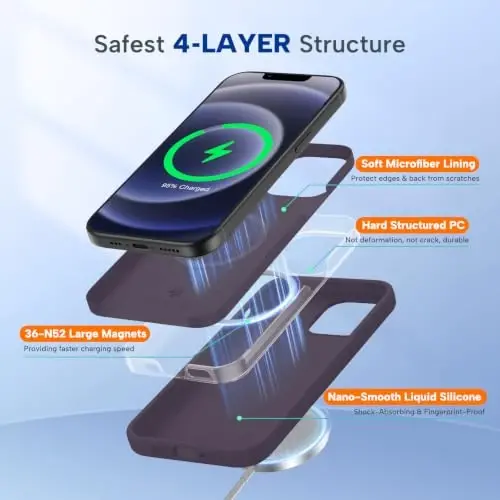 Miracase Magnetic for iPhone 12 Case/iPhone 12 Pro Case, [Soft Anti-Scratch Microfiber Lining], Compatible with MagSafe, Liquid Silicone Shockproof Drop Protection Phone Case for 12/12 Pro,Dark Purple - 3