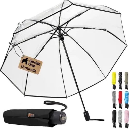 GORILLA GRIP Compact Travel Size Umbrella for Rain, Sleek Design Fits Backpack, Purse and Carry On, Lightweight Under 1lb, One Click Open and Close, Wind Resistant, Durable Waterproof Quick Dry, Clear - 1
