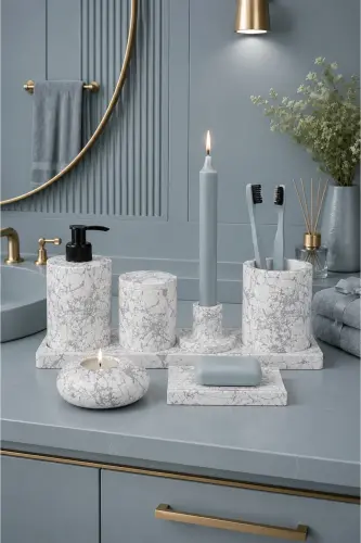 8 Parça Beton Banyo Aksesuar Seti Sıvı Sabunluk Diş Fırçalık Pamukluk Tepsili Modern El Yapımı - Gümüş 