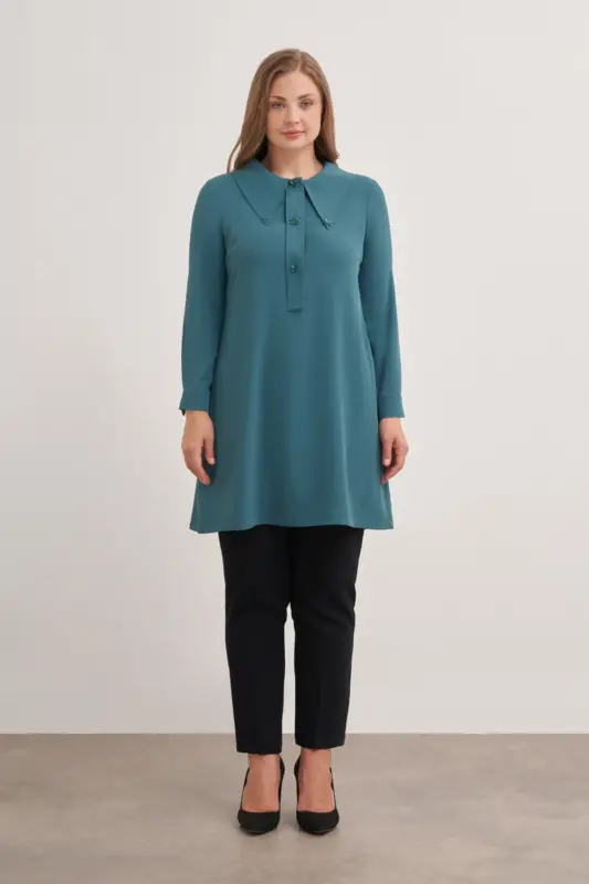 15748112 Büyük Yaka Detaylı Tunik-Yeşil - 1