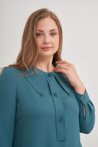 15748112 Büyük Yaka Detaylı Tunik-Yeşil - 5