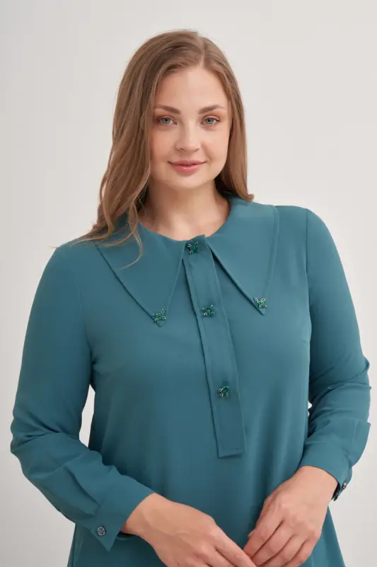 15748112 Büyük Yaka Detaylı Tunik-Yeşil - 3