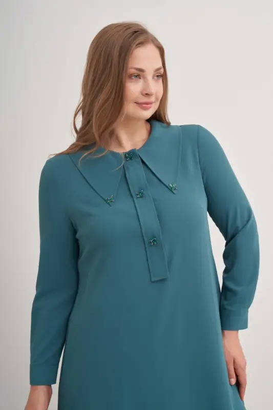 15748112 Büyük Yaka Detaylı Tunik-Yeşil - 4