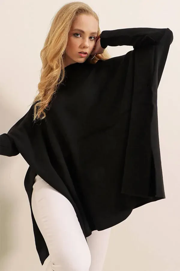 15783 Split Poncho Sweater - Black - 11
