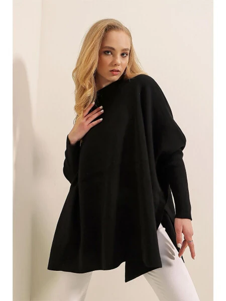 15783 Yırtmaçlı Panço Kazak - Siyah-Siyah - Modazone