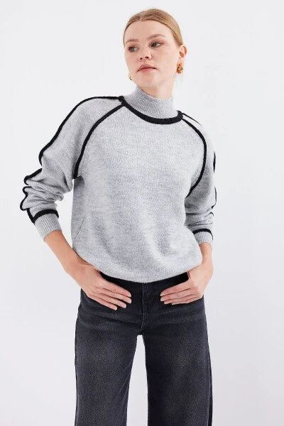 15879 Çizgili Oversize Triko Kazak - Gri-GRİ - BIGDART