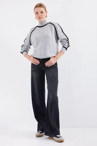 15879 Çizgili Oversize Triko Kazak - Gri-GRİ - BIGDART (1)