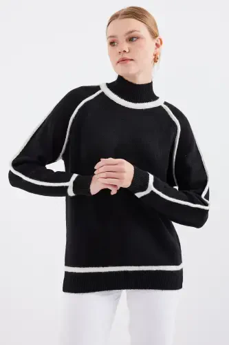 15879 Полосатый Трикотажный Свитер Oversize - Черный-ЧЕРНЫЙ - 3