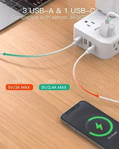 15FT Elektr ta'minoti himoyachisi - 8 rozetka va 4 USB port, og'ir yuk ko'taruvchi o'ralgan uzatma kabeli, tekis vilka, 15A kontaktor, ortiqcha yukdan himoya qilish zaryadlash stantsiyasi - 3