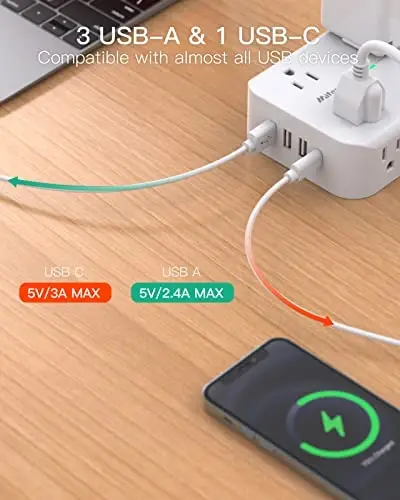 15FT Elektr ta'minoti himoyachisi - 8 rozetka va 4 USB port, og'ir yuk ko'taruvchi o'ralgan uzatma kabeli, tekis vilka, 15A kontaktor, ortiqcha yukdan himoya qilish zaryadlash stantsiyasi - 3